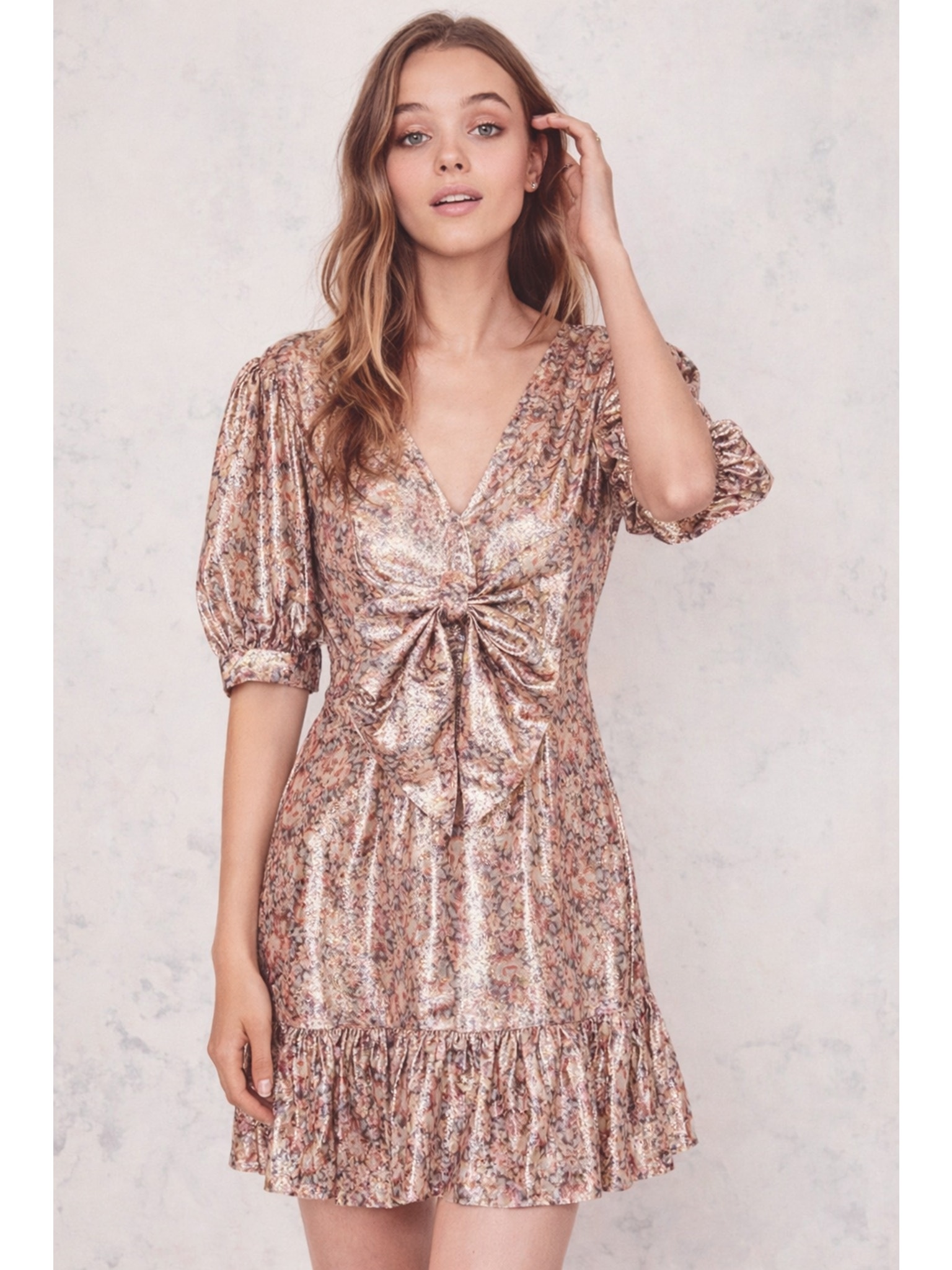 Loveshackfancy Metallic Floral Bow Front Mini Dress Size S